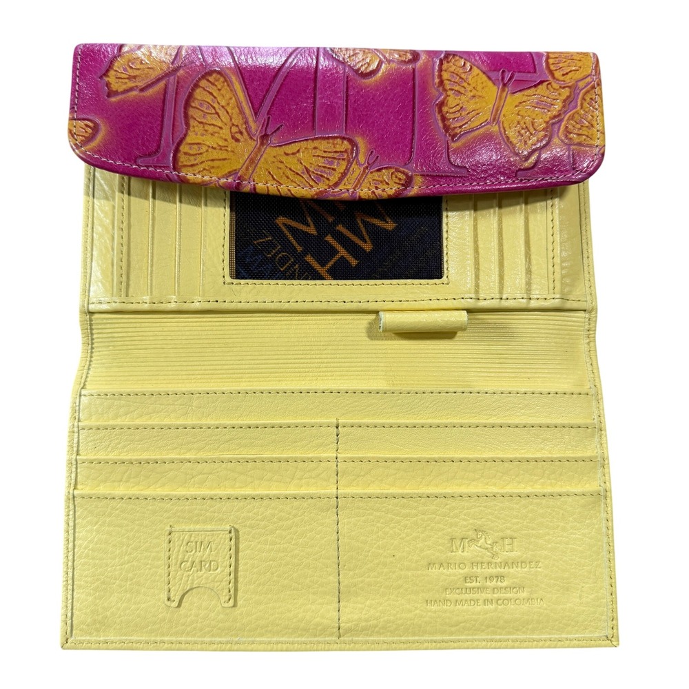Mario Hernandez Leather Wallet Butterfly Embossed Pink Yellow Clutch Colombia